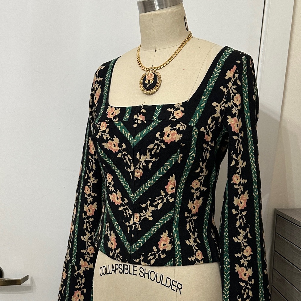Free People Black and Green Floral Blouse